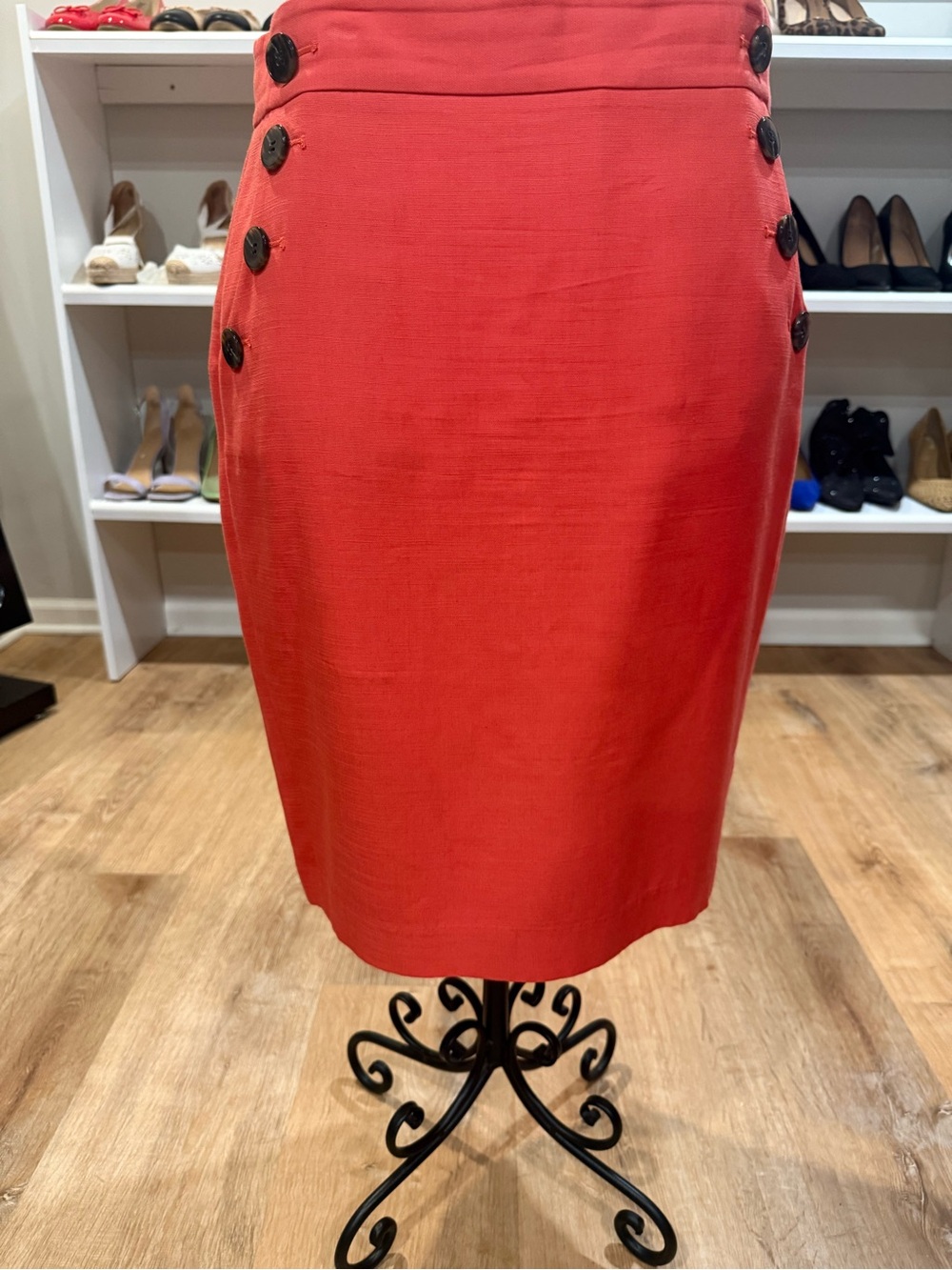 LOFT Coral Red Asymmetrical Button-Detail Pencil Skirt